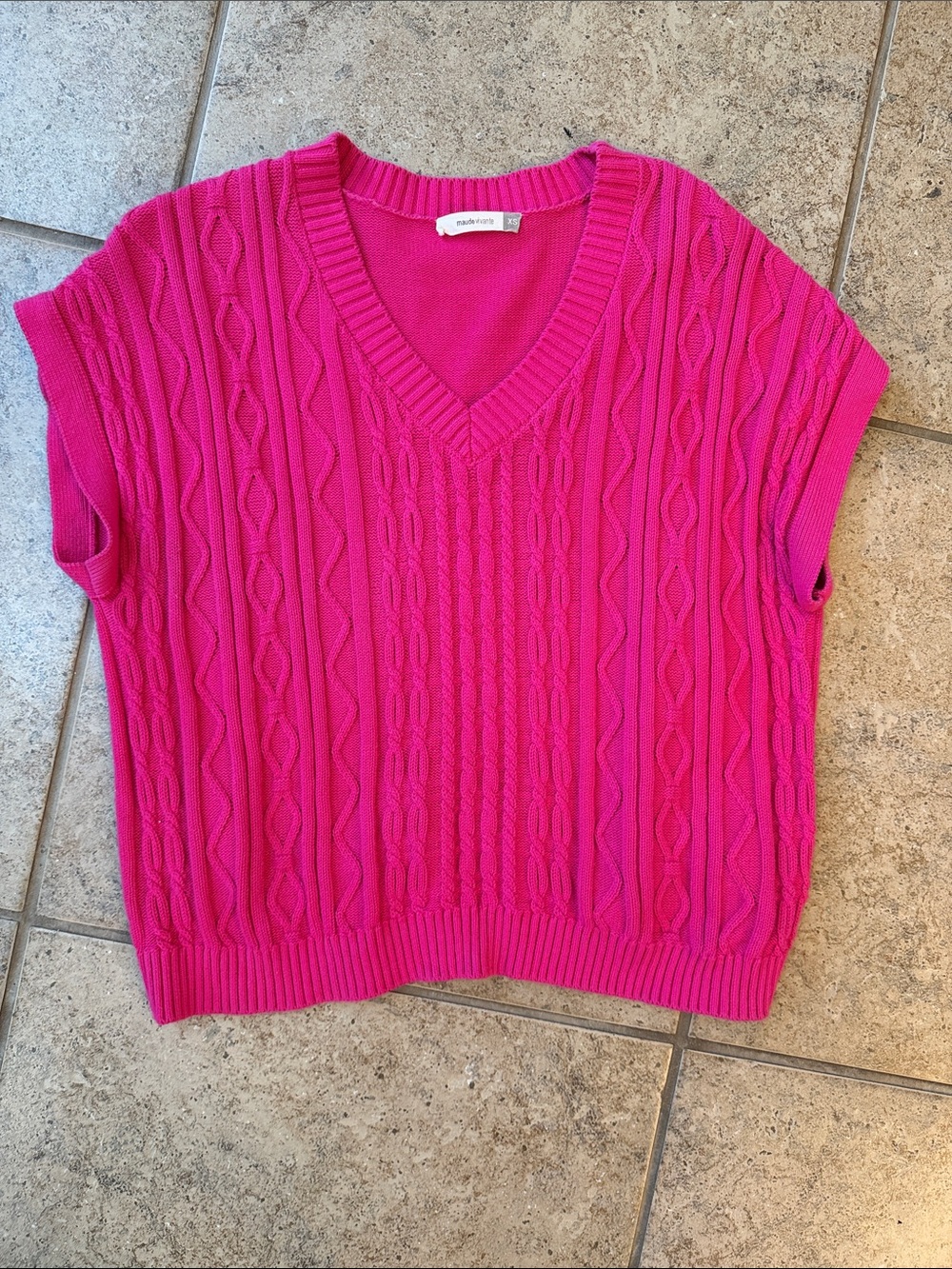 Cable-Knit V-Neck Sweater Vest in Vibrant Pink runs big